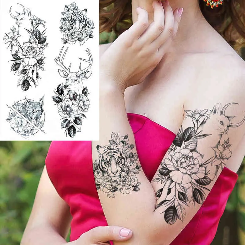 NXY Tatuaggio Temporaneo 3d Fiore Triangolo s Donna Ragazza Falso Lupo Cervo Geometria Adesivo Peonia Dalia Body Art Adulti Tatuaggi 0330