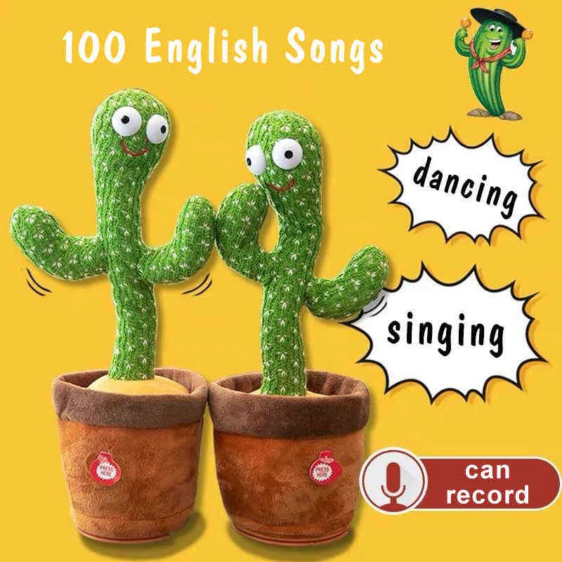 Plush Cactus Plushie Cute Kawaii Soft Plants Dancing Singing English Songs Swing Answer Reading Lighting Baby Educational Children Toys J220704