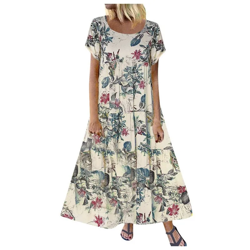 Vintage Floral Long Dres Summer Eleganckie swobodne bawełniane sukienki damskie Boho Beach Maxi Sukienka wakacyjna Vestidos 220607