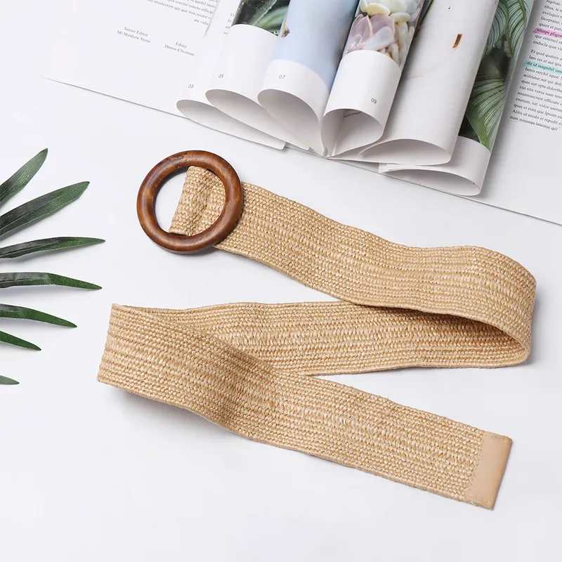 Women Fashion Casual Straw Belt Round Wooden Buckle Elastic Waist Chain Belly Necklace Body Jewelry Dress Shirt Accessories 220701