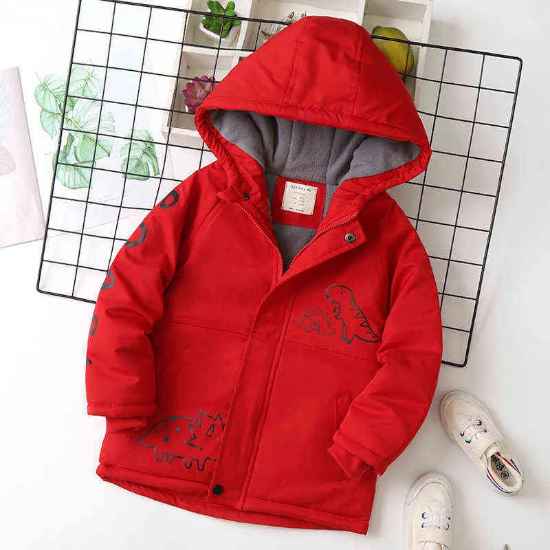 Children Boys Winter Jackets 2022 New Thermal Thickening Cartoon Dinosaur Printed Hooded Down Jacket For 2-8years Toddler Jackets J220718