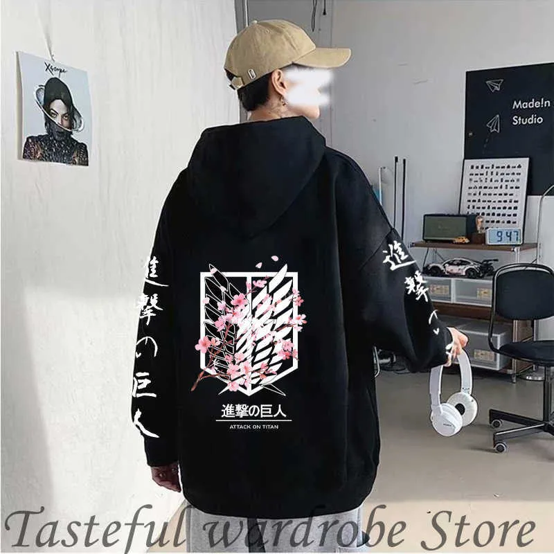 Japanska anime grafiska hoodies män attackerar på titan tryck pullover sweatshirt harajuku kläder unisex hane