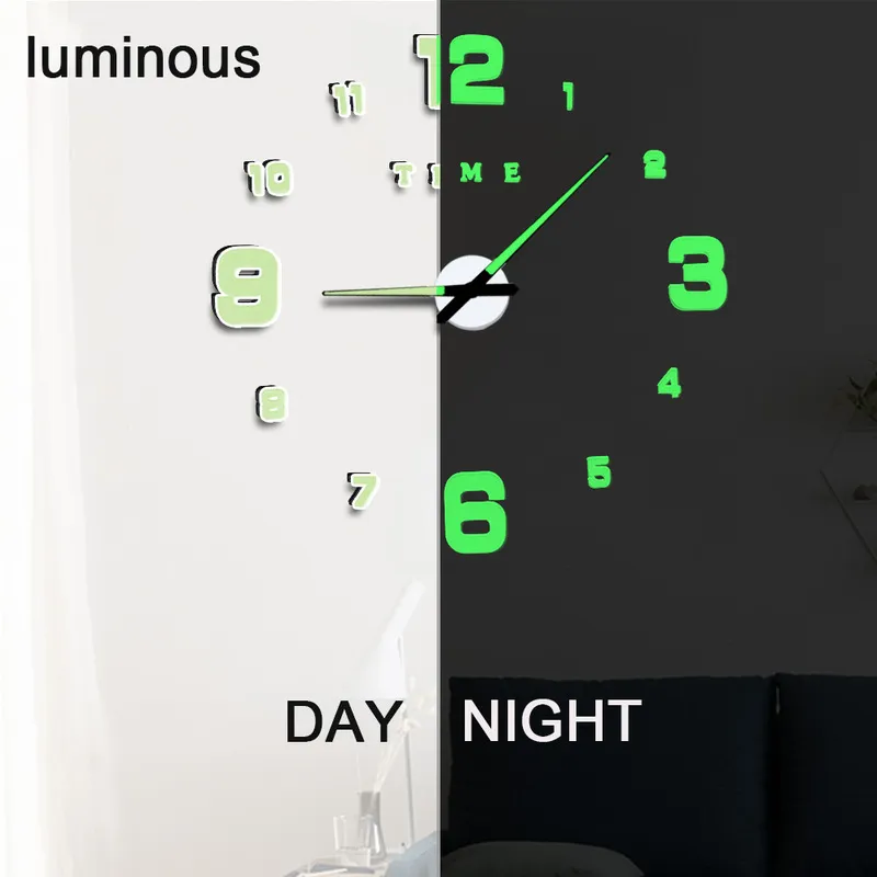 3 dの発光本物の大きな壁時計が急いでミラーステッカーDIYリビングルームの家の装飾ファッションウォッチクォーツラージ220426