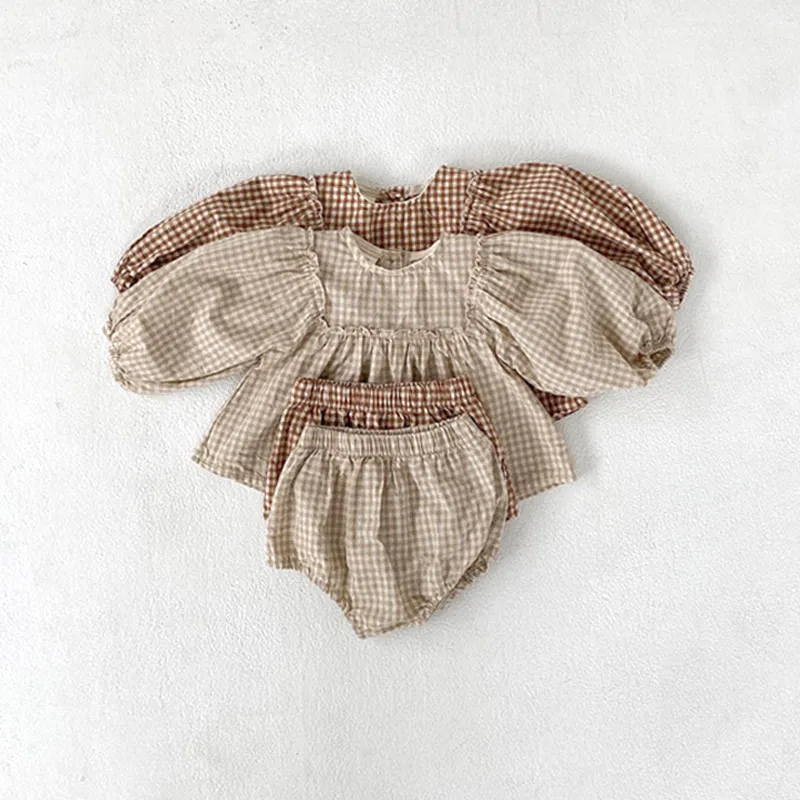 Babymeisjes Set Zomer Spring Plaid Baby Girls Set Puff Sleeve Blouse en Bloomer Toddler Girls Suit 220509