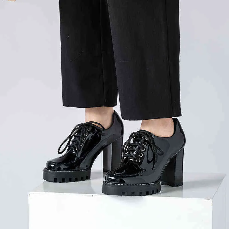 اللباس أحذية جلد طبيعي عالية الكعب امرأة مضخات الأزياء جولة تو كسول السيدات الأسود منصة 220318