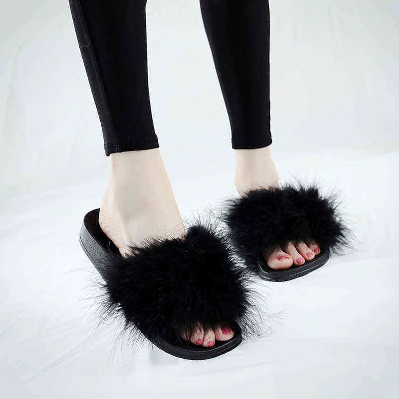 2022 Nova chegada Girl Girl Luxury Fluffy Avestrich Slippers de penas de penhas de linhas de pele peluda de pêlo de pêlo de pêlo de pêlo Slides de pele S3171 G220521