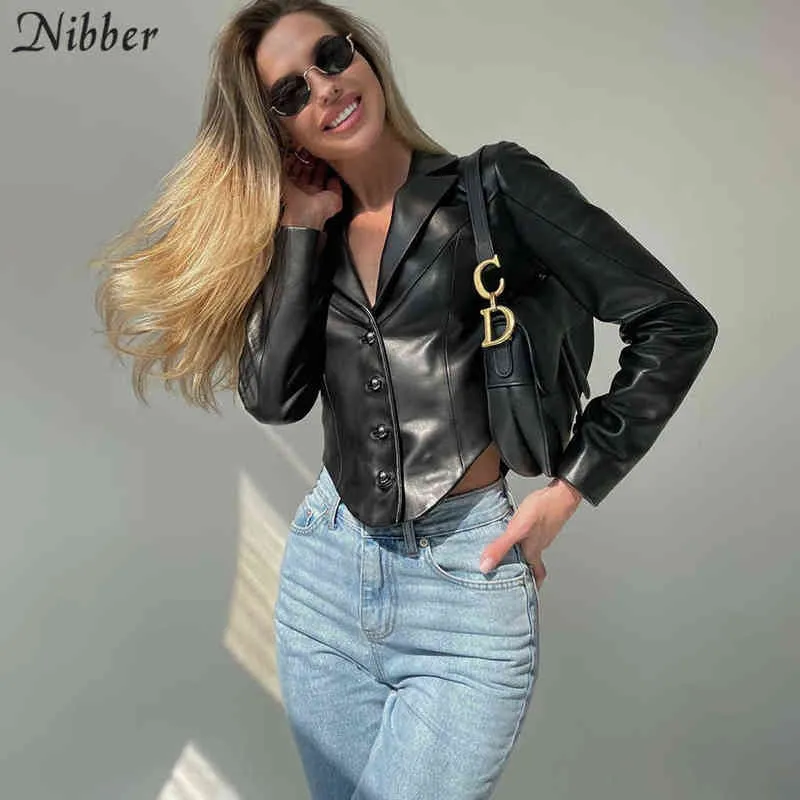 Nibber Fashion PU Skórzany tkanina z pojedynczych kolorowych kurtki w stylu V-Neck stały kolor dla kobiet Casual Street Omotowanie zużycie L220801