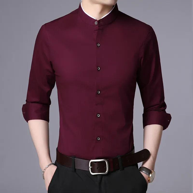 Модная рубашка марка мужчины мандарин воротник с длинным рукавом регулярные подходят хлопок осень черное корейское платье повседневная одежда 220322