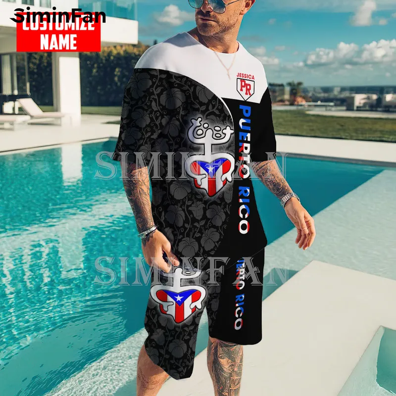 Personalize o nome Puerto Rico 3D Men Toçadeira Menina Curta Conjunto de verão Masculino Terno casual Casual Top Tracksuit Duas peças Sportswear 220704