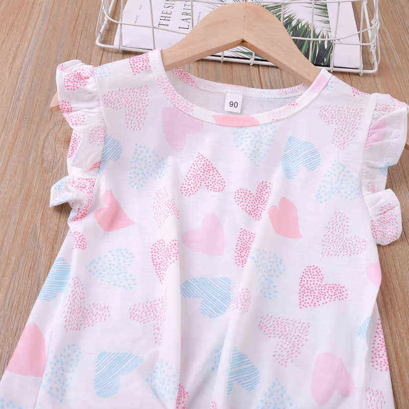 2022 Summer Flying Sleeves Heart-Shaped Print+Shorts Girl Sets Children's Clothing Kid Clothes Casual Clothes G220509