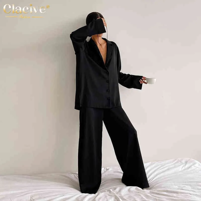 Clacive Causal Loose Home Suit Automne Chemises à manches longues avec pantalon taille haute Ensemble femmes élégant noir satin 2 pièces pantalons ensembles T220729