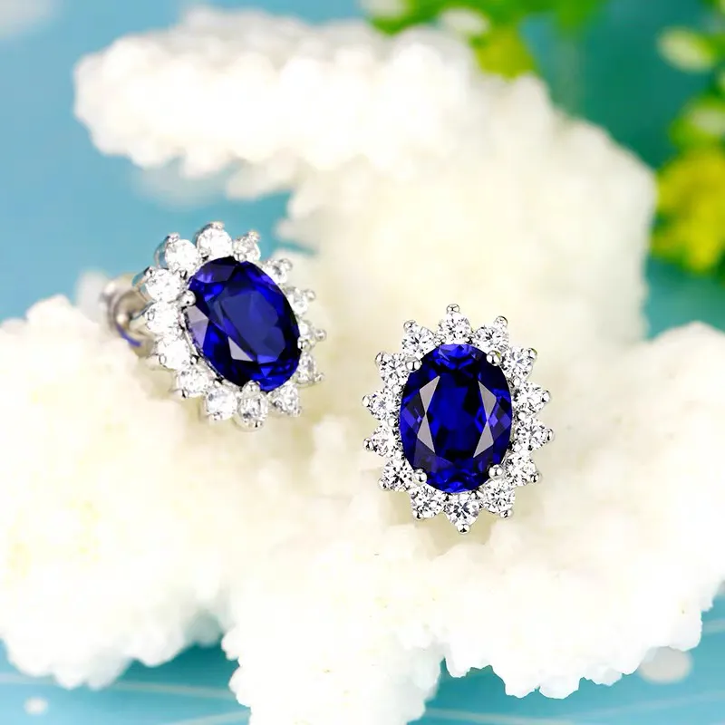 Luxury lab Sapphire Stud oorbellen Originele Sterling Silver S925 Sieraden Natural Blue Zirconia Gemstone bruiloft oorbellen voor vrouwen