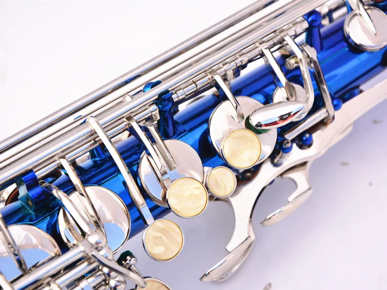 السماء المخصصة الأزرق الأزرق E-flat المحترف Alto Saxophone Brass Buttoing Silver Button EB نغمة SAX من الدرجة الاحترافية