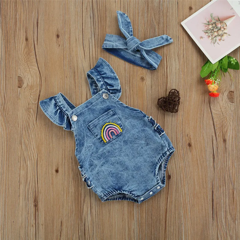 Andningsbara babyflickor outfit spädbarn sommar kreativ regnbåge broderi flyg ärm ärm spets dekoration denim romper huvudkläder set 220525