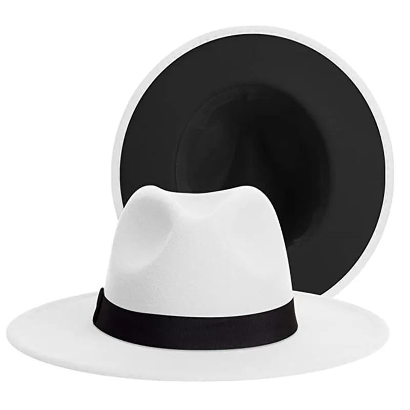 بسيطة خارج الأسود داخل الجمال المرقعة واسعة الحافة فيدورا قبعة الرجال نساء اثنين لهجة شعرت فيدورا القبعات رعاة البقر موسيقى الجاز قبعة بنية الحزام 220506