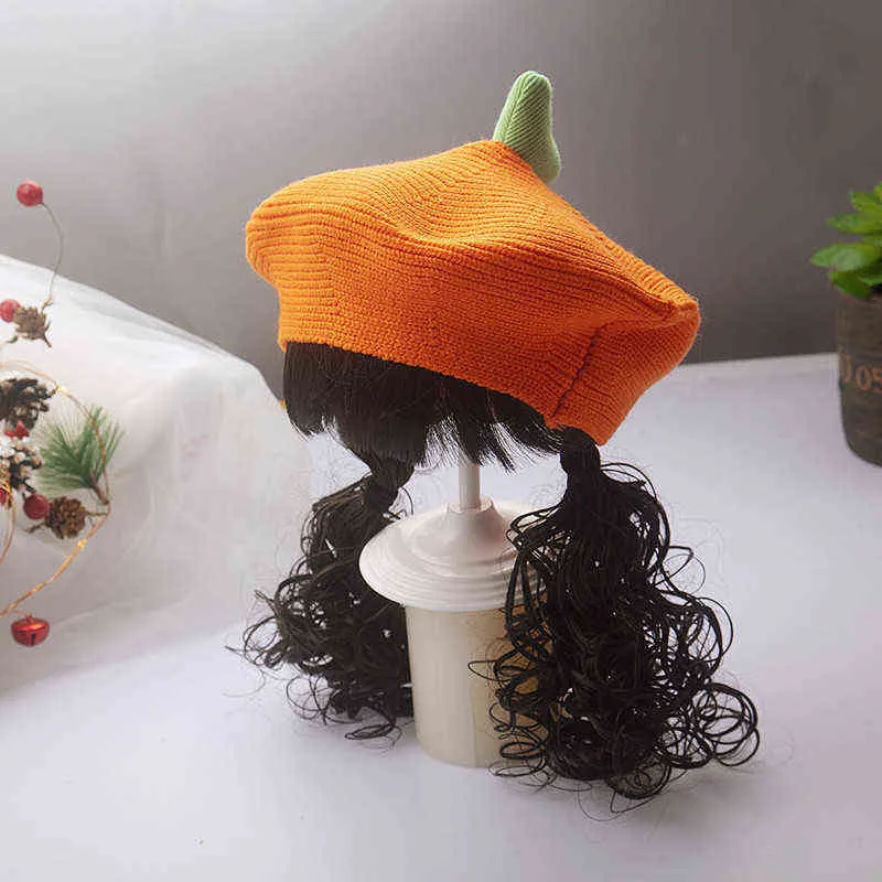 Capretti delle ragazze berretto lavorato a maglia cappello capelli lunghi treccia parrucca berretto autunno inverno caldo moda all'aperto bambini cappelli e berretti bambini L220728297j