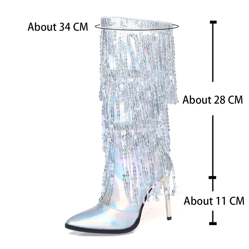 Ribetrini Fashion Point Toe Fringe Sequined Mid Calf Boots For Women Zip Metallic Glitter Sexig Elegant Dress Long Shoes 220813