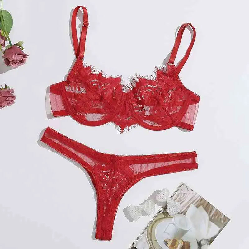 Sous-vêtements érotiques Sexy dentelle séduction trois points Lingerie avec anneau en acier Sexy vient sous-vêtements Lingerie rouge Dropshipping L220727