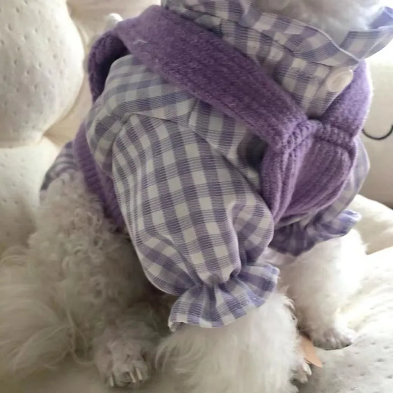 Hundkläder koreansk version lila tröja Vest Teddy Bi Bear Plaid skjorta vår sommarhöst och vinter