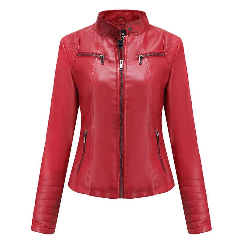 women slim leather jacket Printemps automne dames moto vestes en cuir femmes col rabattu fermeture éclair mince Moto Biker veste L220801