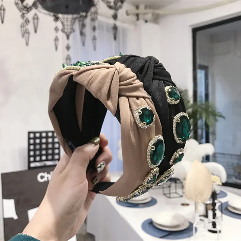 High-End-Haarzubehör Frauen Retro Emerald gestrickte Knotted breites Haarbänder Stirnband wunderschöne Flash Diamond Hair Band