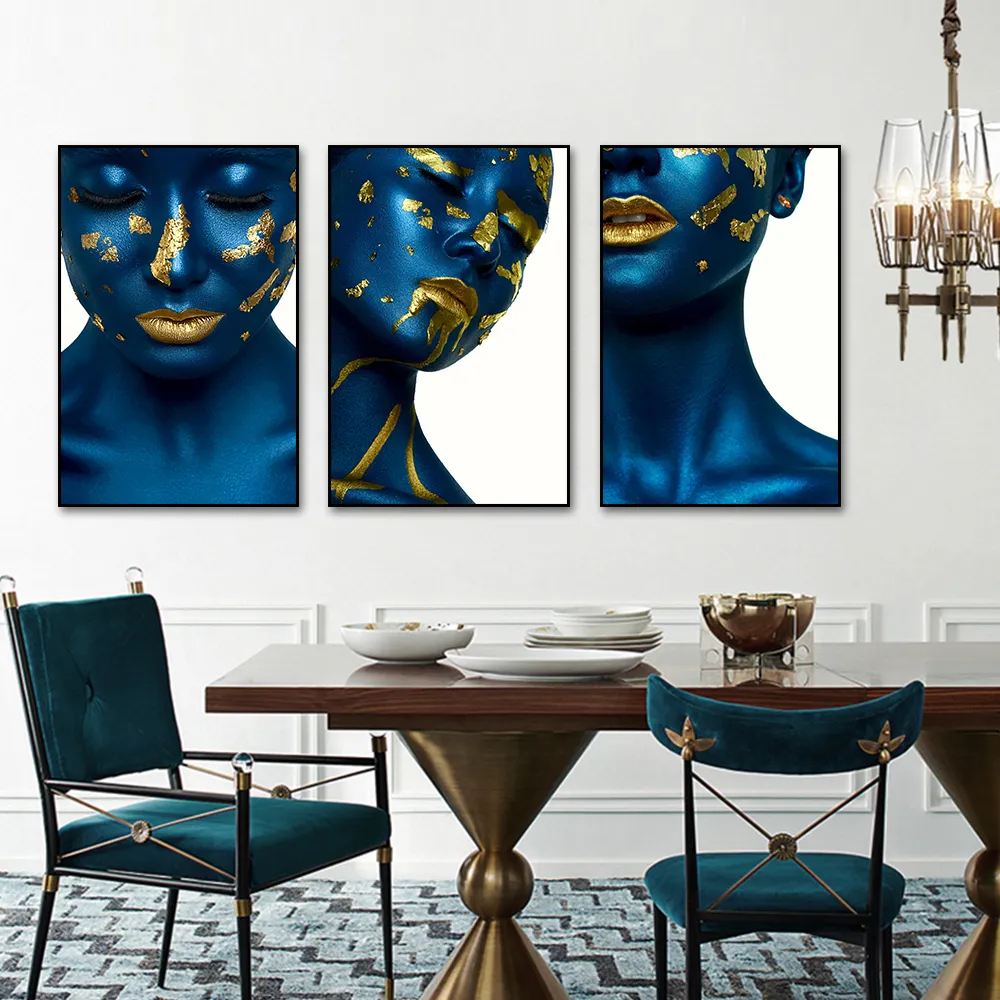 Moderna sexiga kvinnor blå portait konst canvas målning affisch och tryck guld konst nordiska väggbilder för vardagsrum sovrum dekor