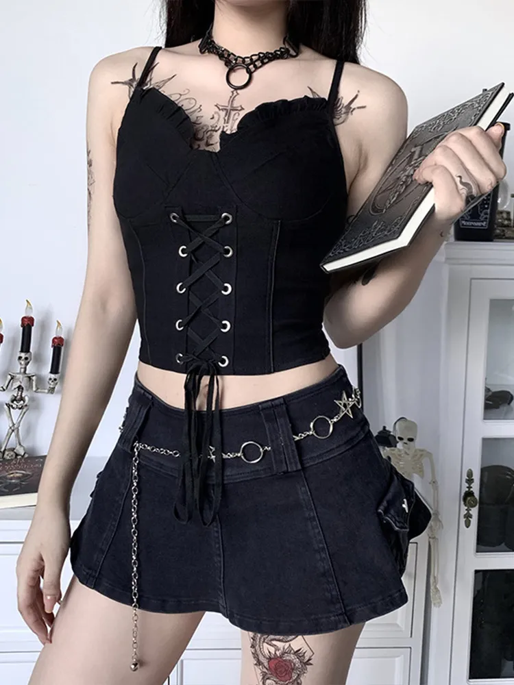 Insgot Sexy Bandaż Camis Kobiety Gothic Black Spaghetti Pasek Backless Bodycon Crop Tank Tops Kobiece Vintage Camisoles Lato 220407