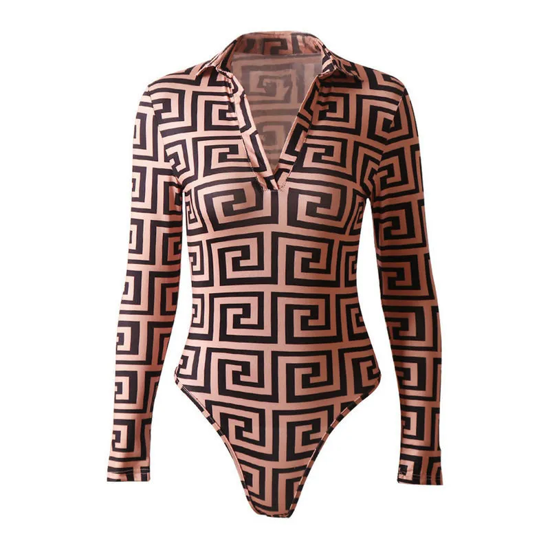 Shimai 여자 점프 슈트 섹시 바디 수트 Mujer Bodycon Long Sleeve Club Rompers Palazzo Print Body Suit Womens Tops V Neck Streetwear 220507