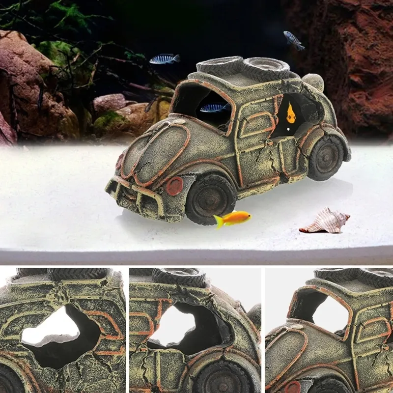 Hideaway de aquário de decoração de tanques de peixes Casa de veículos quebrados com cavernas de resina na caverna Acessórios de paisagismo de carros de resina 22032651111114