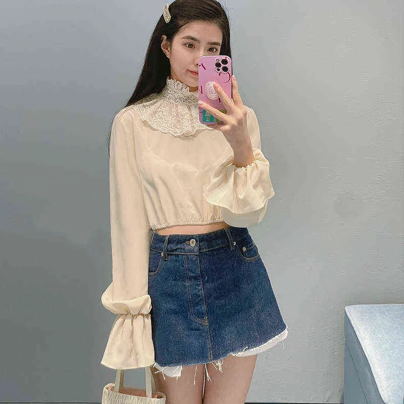 apricot short shirt embroidered lotus collar long sleeve trumpet celebrity versatile top autumn new style