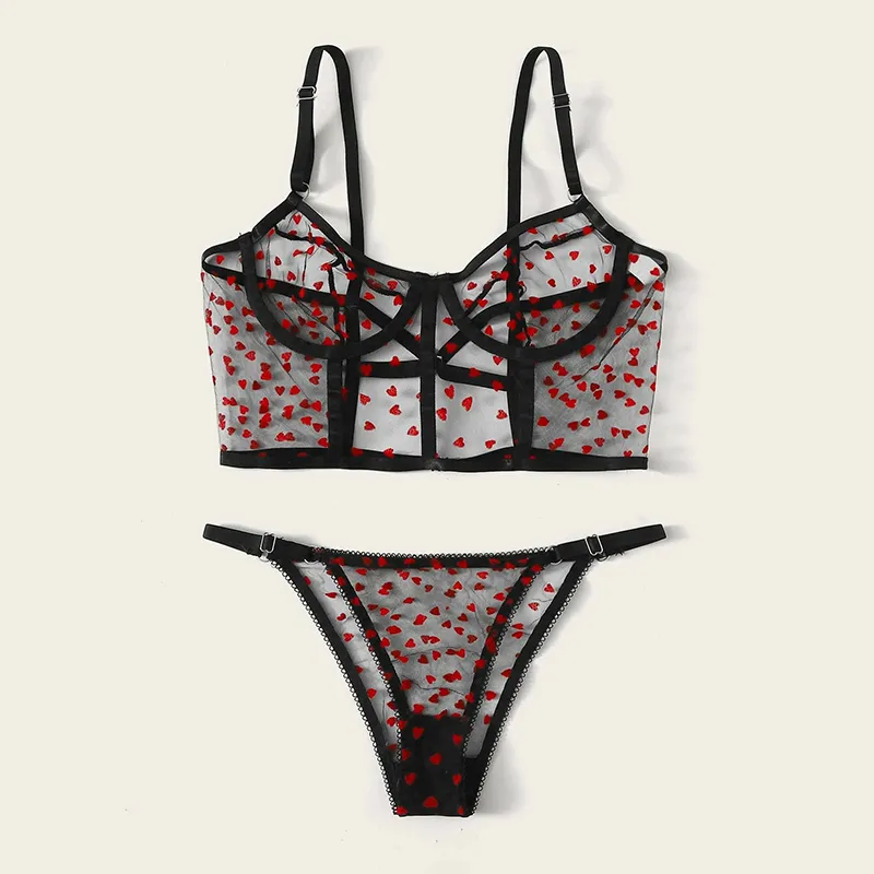 Conjunto de lencería erótica de malla con estampado de corazón de verano para mujer, Bralette transparente Sexy, sujetador de encaje para mujer, ropa interior transparente 220513