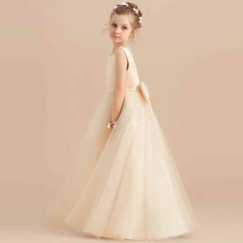 Flower Girls Party Dresses for Kids Pearls Big Bow Sleeveless Elegant Children Wedding Princess Dress V-back Teen Evening Gowns G220428