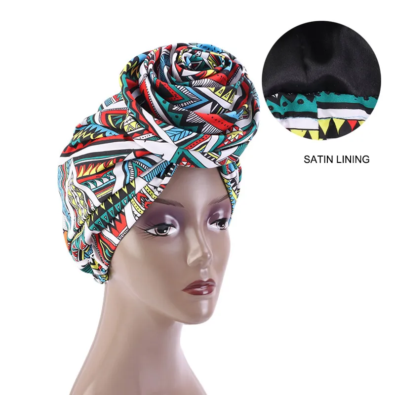 imprimé africain Stretch Bandana tête Wrap longue écharpe satin Floral Ankara Dashiki femmes fête Turban chapeaux casquette