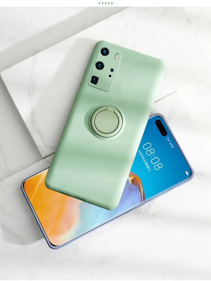 Liquid Silicone Metal Ring Phone Cases For Huawei P40 P30 P20 Pro Camera Lens Protection For Mate 30 20 Pro Back Cover With Strap