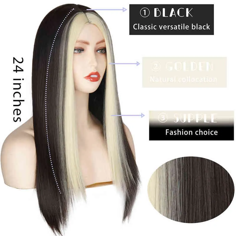 Synthetic Wig Black Long Straight for Women Both Sides Gold Hair Middle Part Heat Resistant Wavy Cosplay Girl 220622