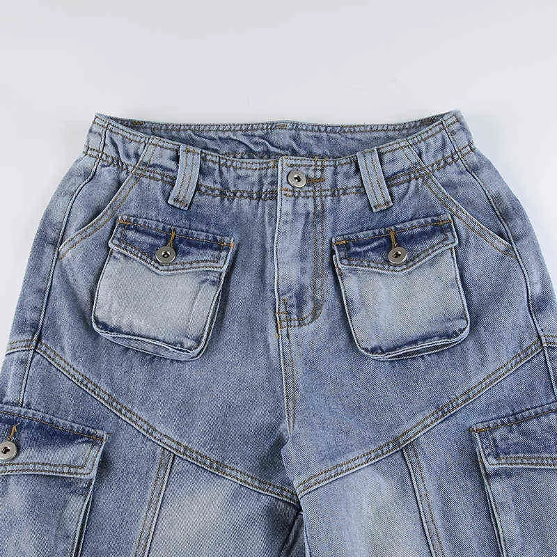 Jeans da donna SUCHCUTE Harajuku Pocket Up Jeans cargo da donna Moda coreana Vita bassa Streetwear Pantaloni in denim Harajuku Vintage Y2K Pantaloni larghi T220825