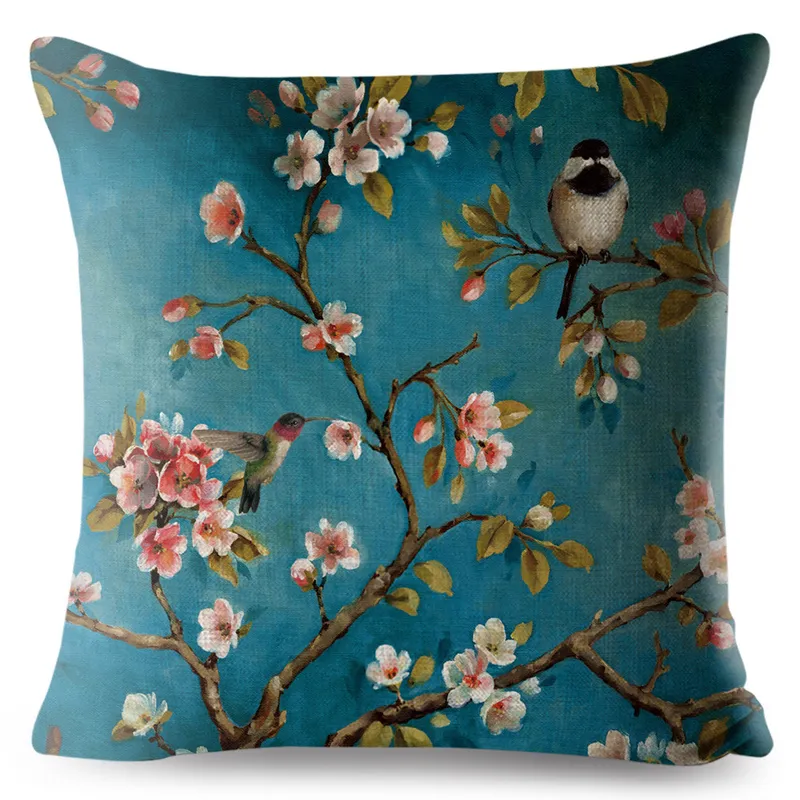 Travesseiro de travesseiro vintage travesseiro de flores decoração de pintura azul travesseiro de pássaro poliéster Cushion capa para sofá car home 45x45cm 220623