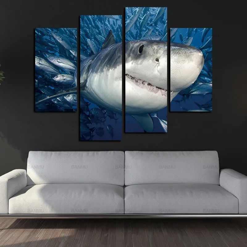 4 Panels KIT Frameless Posters Canvas Wall Art Picture Print Great White Shark Canvas Paintings Wall Decorations for Living Room (2)