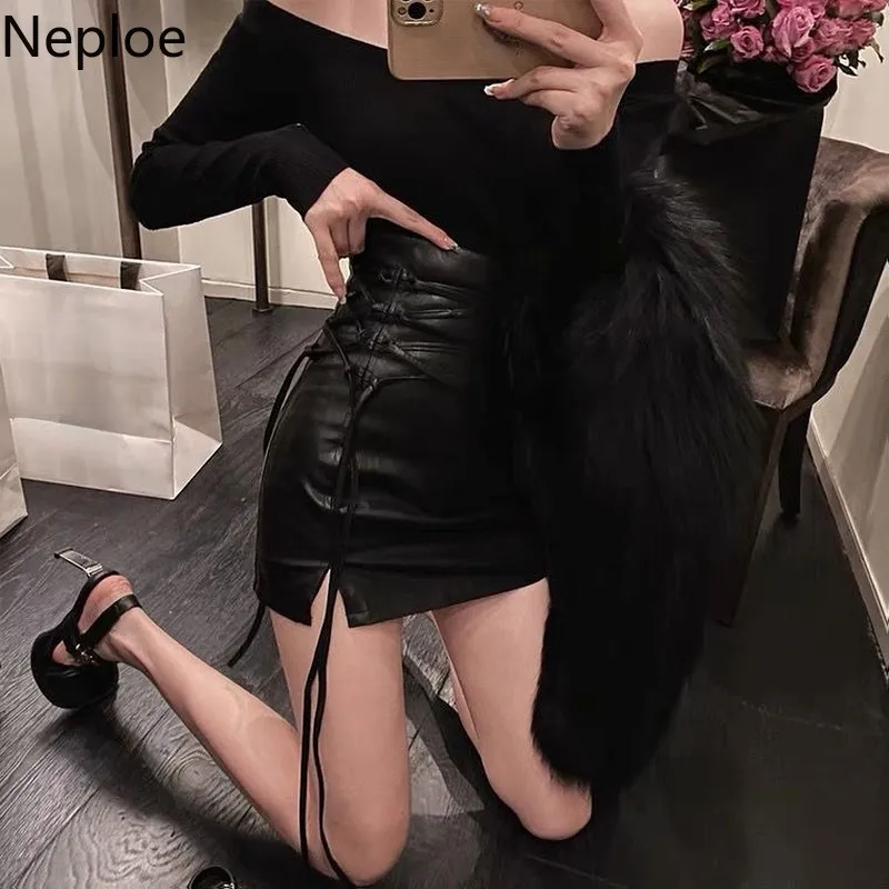 Neploe Woman Bodycon Skirts High Waist Y2K Jupe Chic Bandage Split PU Faldas De Mujer Black Sexy Mini Punk Goth 220317
