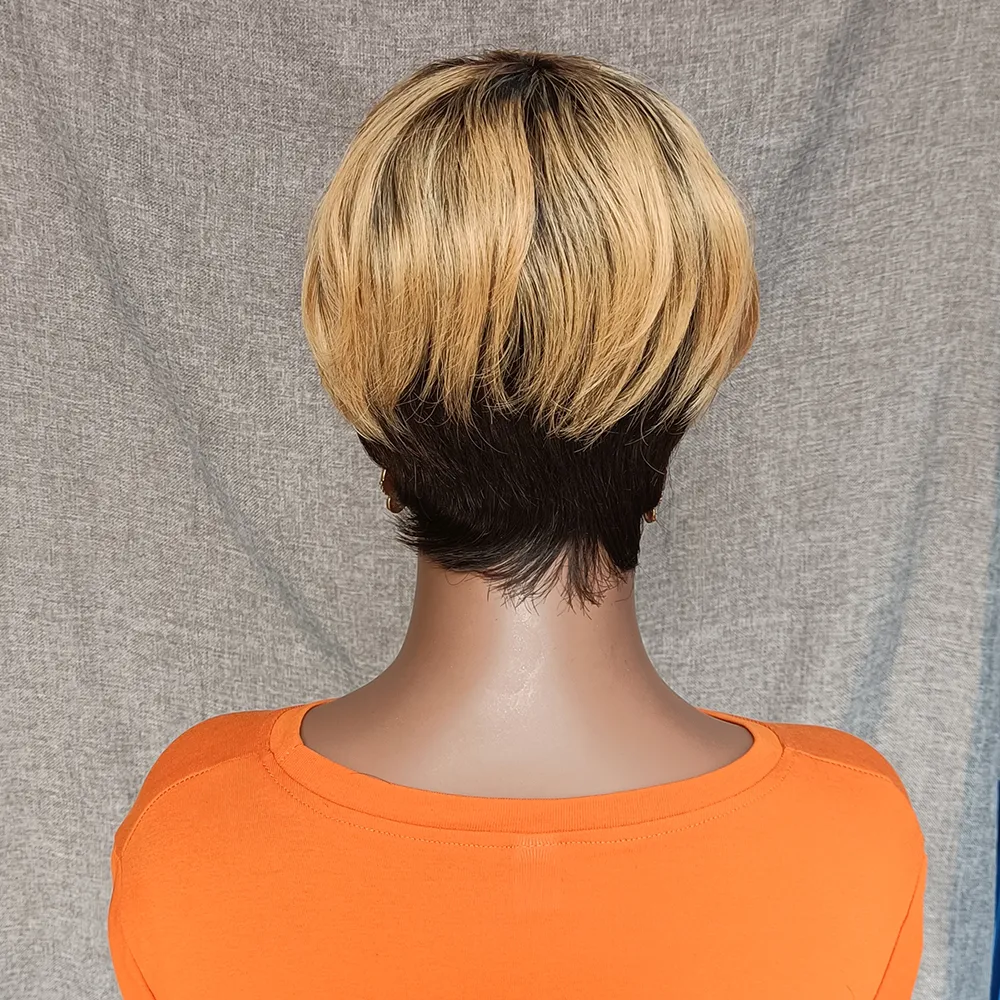 LX Marka Highlight Sarışın Kısa Bob Peruk Pixie Kesim Peruk İnsan Saç Peruk Bangs Ile Brezilyalı Peruk Siyah Kadınlar Için Tam Makine Yapılan WigFactory
