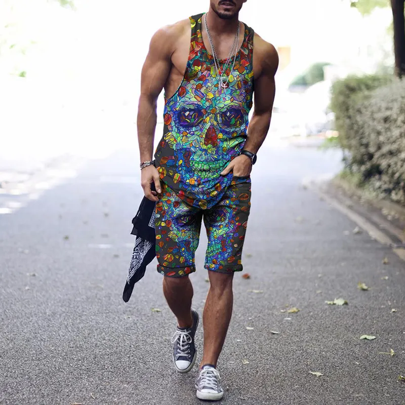 Fashion Men's Tank Top T-Shirt Shorts Casual 3D Brand Funny Skull Print Outdoor Fitness Mans Vest Suit S-4XL 220622