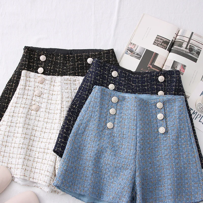 Wysokie talia Tweed Shorts Kobiety swobodne luźne damskie moda wiosenna jesień szczupły guziki Allmatch 220527