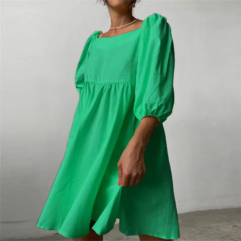 Ropa de mujer Mini vestido de verano de algodón con cuello redondo y manga corta con volantes Línea A elegante para vestidos informales para mujer