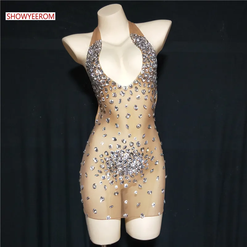 Sparkly Silver Mirror Elastic fabric short Dress Women Birthday Stage play Celebrate Dancer Party Show 220812