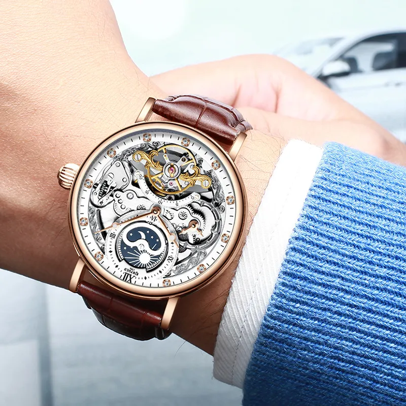 KINYUED часы со скелетом механические автоматические часы мужские спортивные часы повседневные деловые наручные часы с луной Relojes Hombre 220407212N