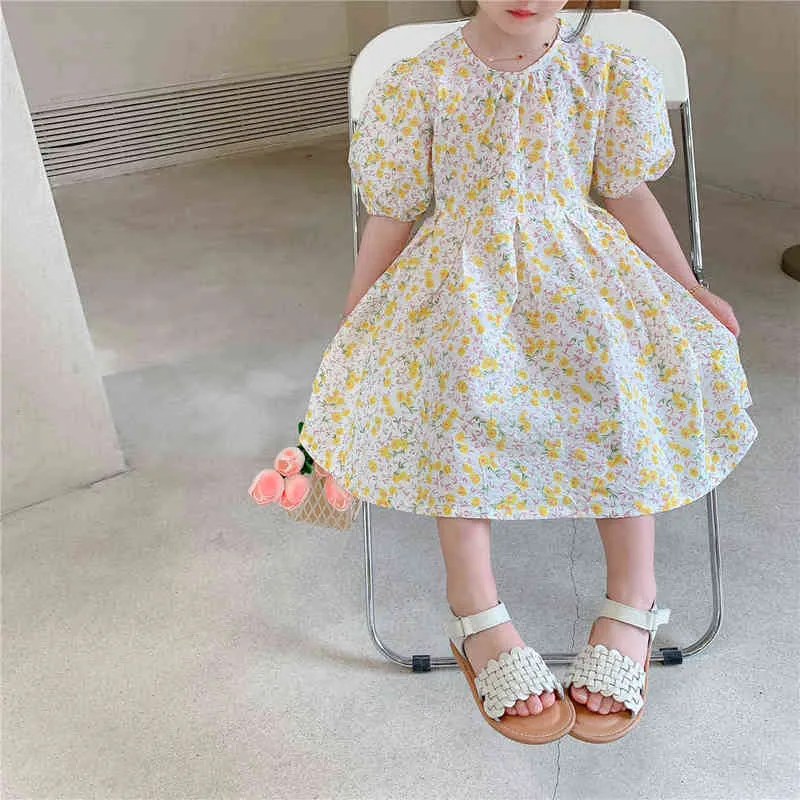 Kid Girls Princess Dress Cute Leisure O-Collo Abiti a maniche corte Versione coreana Vita alta A-Line Abito stampato floreale 1-6 anni G220518