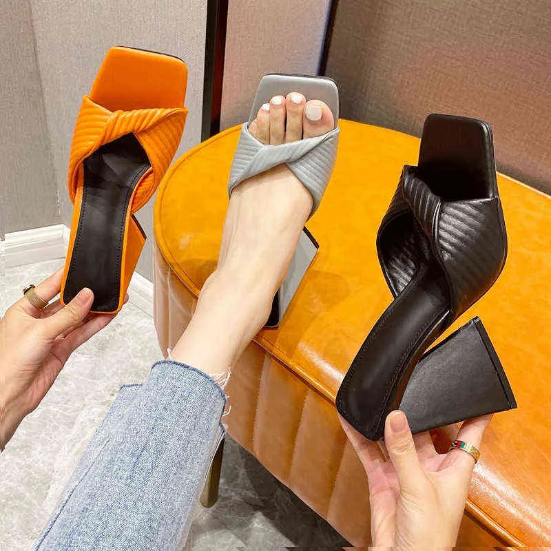 Suojialun 2021 New Women Slipper Fashion Square High Heel Ladies Bow-Knot Sandal Shoes Open Toe Slip On Slides Flip Flops 220627