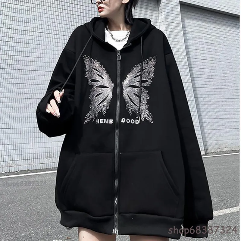 Y2K Streetwear Hoodie Tops Punk Gothic Oversized Schedel Vleugel Evil Flame Unisex Vest Rits Sweatshirt Mannen Vrouwen Jassen 220726