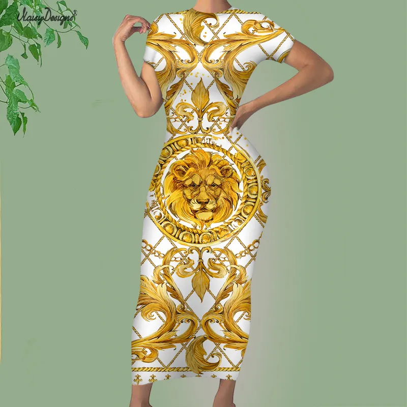 Noisydesigns Luxus Goldene Europa Floral Frauen Party Kleid Mode Elegante Damen Rundhals Sexy Bodycon Größe 4XL Dropship 220627
