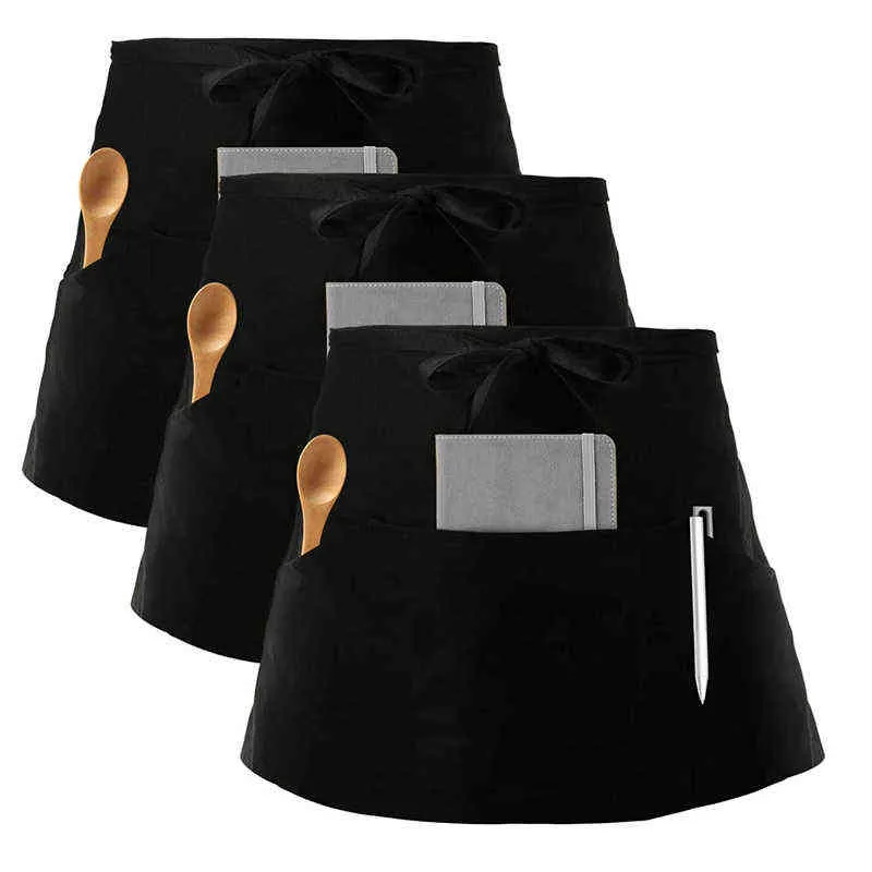 Bel önlük, 3 cepli siyah garson garson önlükler bistro restoran bahçecilik erkek ve kadınlar için yarım önlük siyah y220426